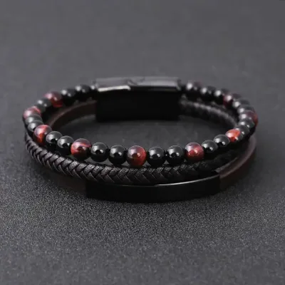 Vīriešu ādas aproce ar tīģeracs un oniksa akmeņiem