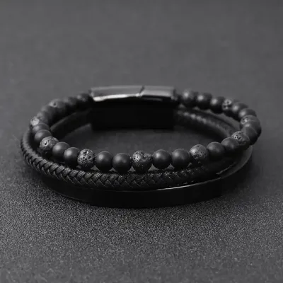 Vīriešu ādas aproce ar oniksa un lavas akmeņiem